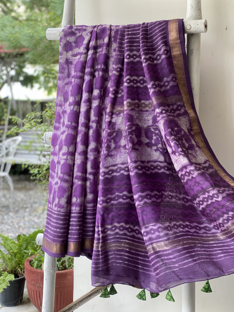Image of PURPLE HAND BLOCK PRINT CHANDERI SILK COTTON SARI