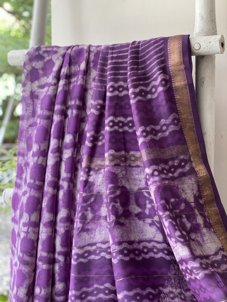PURPLE HAND BLOCK PRINT CHANDERI SILK COTTON SARI