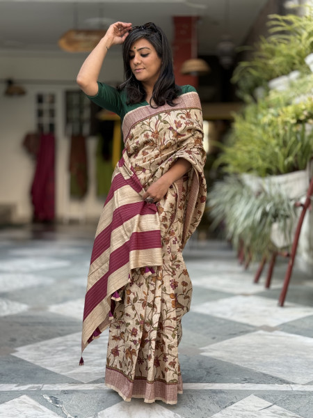 BEIGE-WINE PRINTED TUSSAR SILK SARI