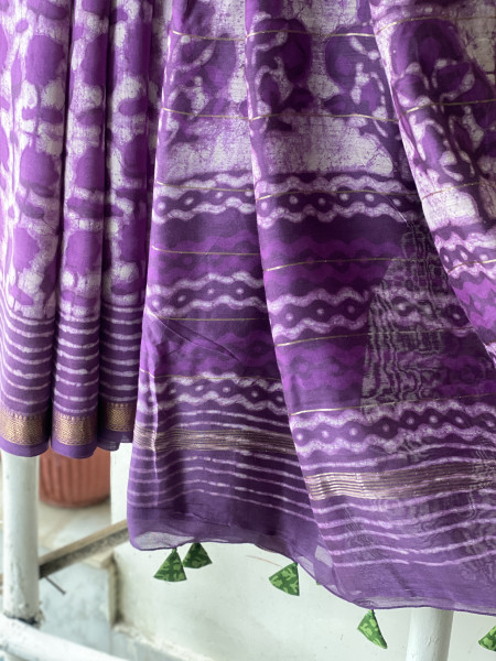 PURPLE HAND BLOCK PRINT CHANDERI SILK COTTON SARI