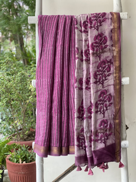 PINK HAND BLOCK PRINT CHANDERI SILK COTTON SARI
