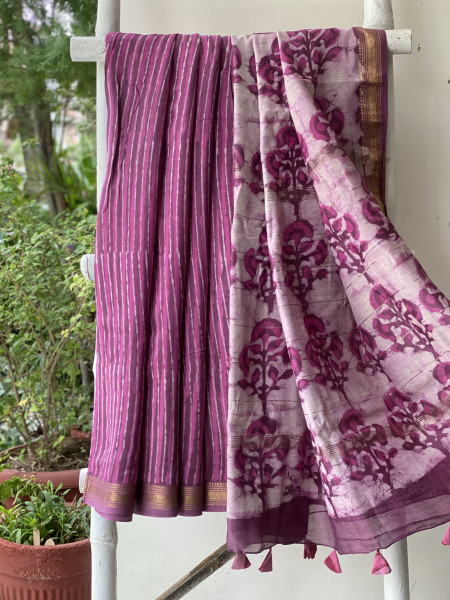 PINK HAND BLOCK PRINT CHANDERI SILK COTTON SARI