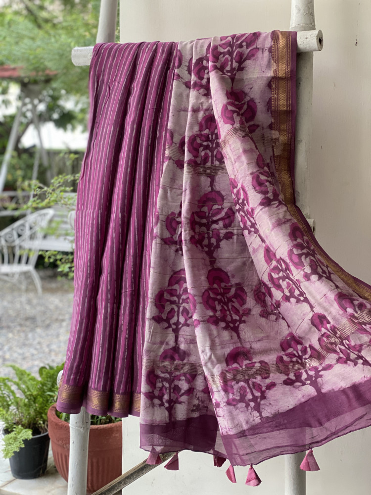 Image of PINK HAND BLOCK PRINT CHANDERI SILK COTTON SARI