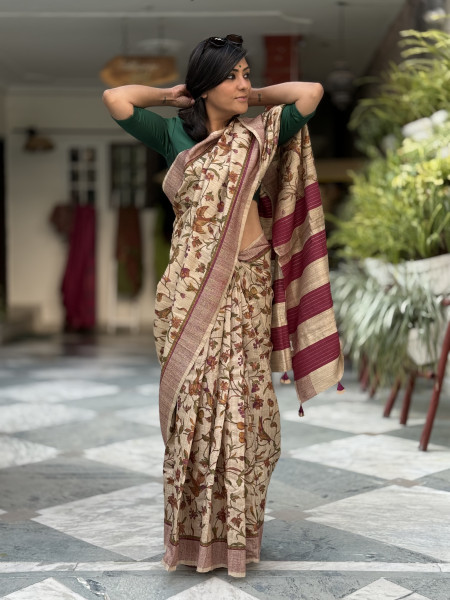 BEIGE-WINE PRINTED TUSSAR SILK SARI