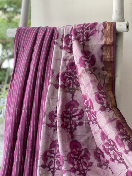 PINK HAND BLOCK PRINT CHANDERI SILK COTTON SARI