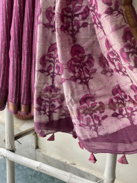PINK HAND BLOCK PRINT CHANDERI SILK COTTON SARI