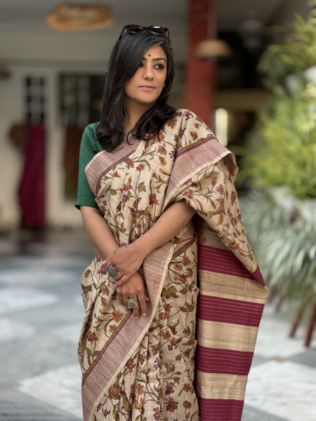 BEIGE-WINE PRINTED TUSSAR SILK SARI