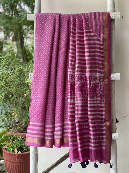 PINK HAND BLOCK PRINT CHANDERI SILK COTTON SARI