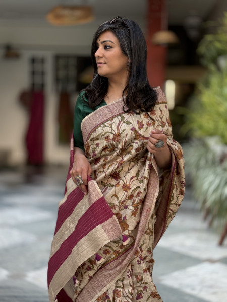 BEIGE-WINE PRINTED TUSSAR SILK SARI
