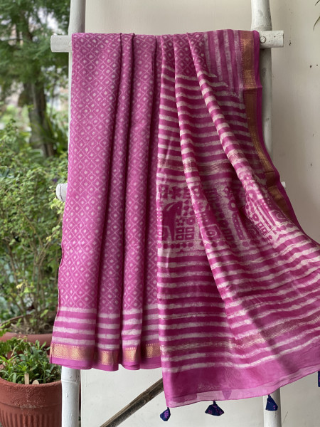 PINK HAND BLOCK PRINT CHANDERI SILK COTTON SARI