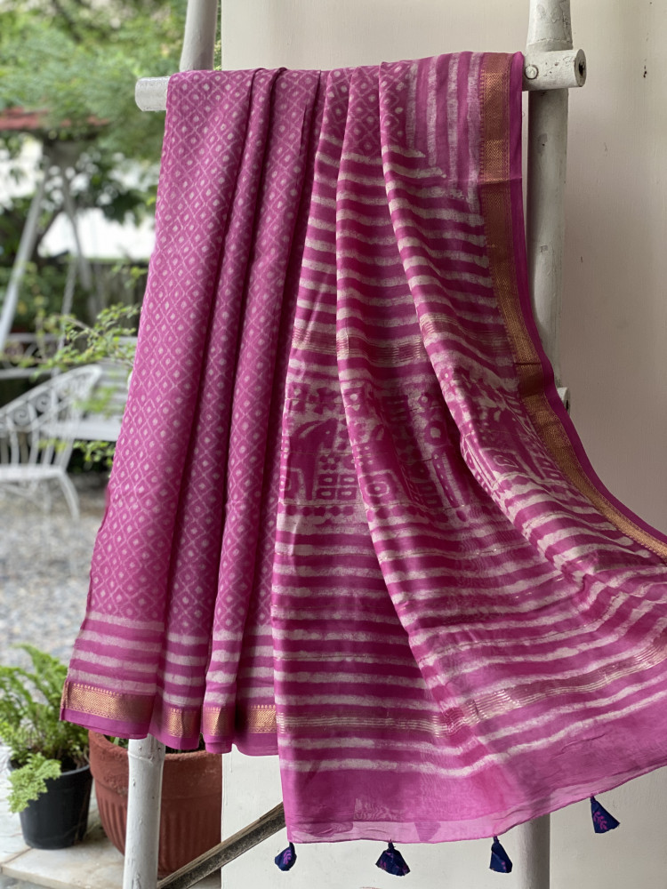 Image of PINK HAND BLOCK PRINT CHANDERI SILK COTTON SARI
