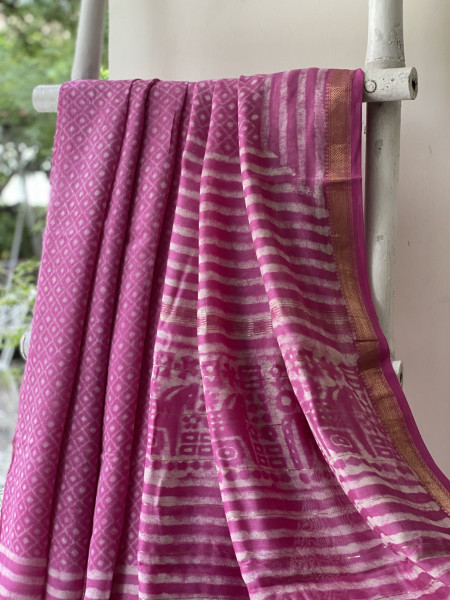 PINK HAND BLOCK PRINT CHANDERI SILK COTTON SARI