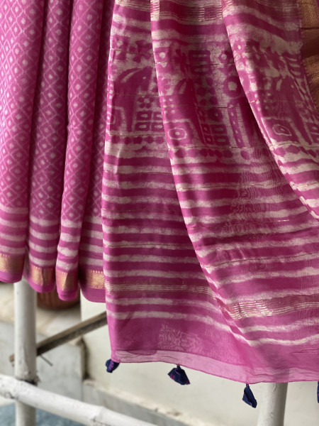PINK HAND BLOCK PRINT CHANDERI SILK COTTON SARI