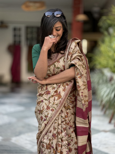 BEIGE-WINE PRINTED TUSSAR SILK SARI