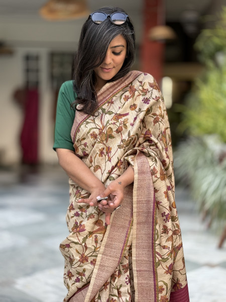 BEIGE-WINE PRINTED TUSSAR SILK SARI