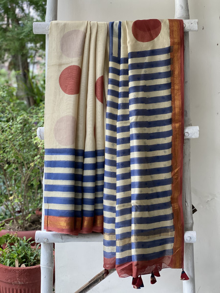 OFF WHITE HAND BLOCK PRINT CHANDERI SILK COTTON SARI