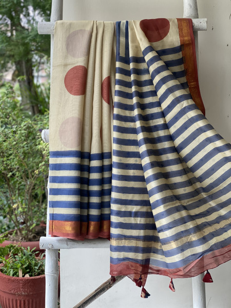 OFF WHITE HAND BLOCK PRINT CHANDERI SILK COTTON SARI