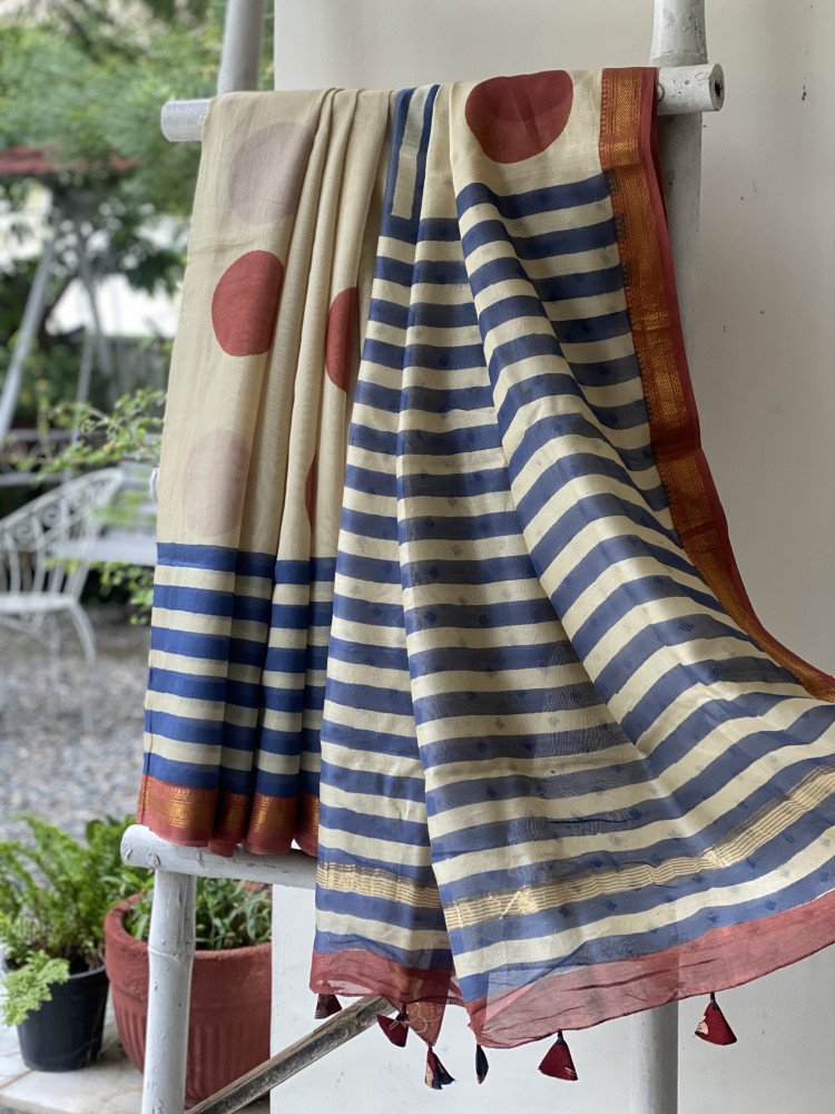 Image of OFF WHITE HAND BLOCK PRINT CHANDERI SILK COTTON SARI