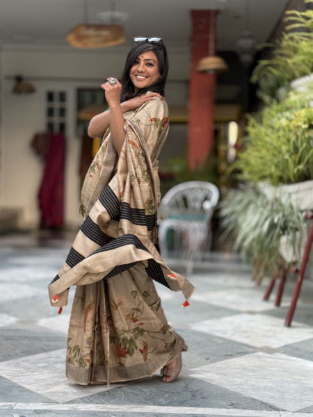 BEIGE-MULTI COLOUR PRINTED TUSSAR SILK SARI
