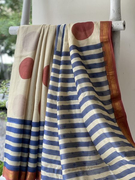 OFF WHITE HAND BLOCK PRINT CHANDERI SILK COTTON SARI