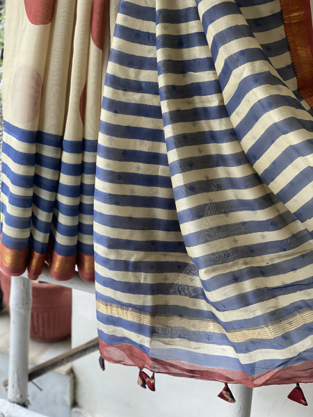 OFF WHITE HAND BLOCK PRINT CHANDERI SILK COTTON SARI