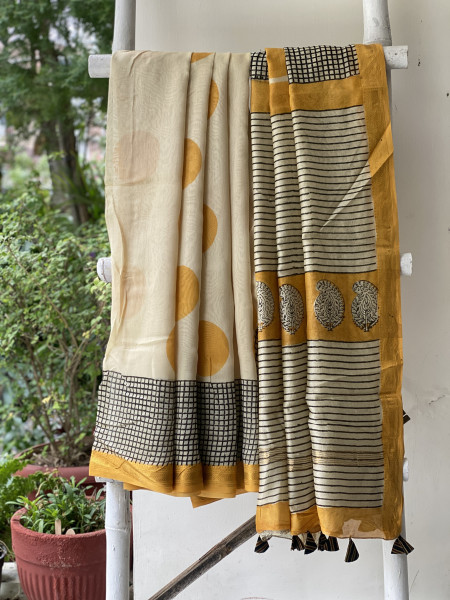 OFF WHITE HAND BLOCK PRINT CHANDERI SILK COTTON SARI