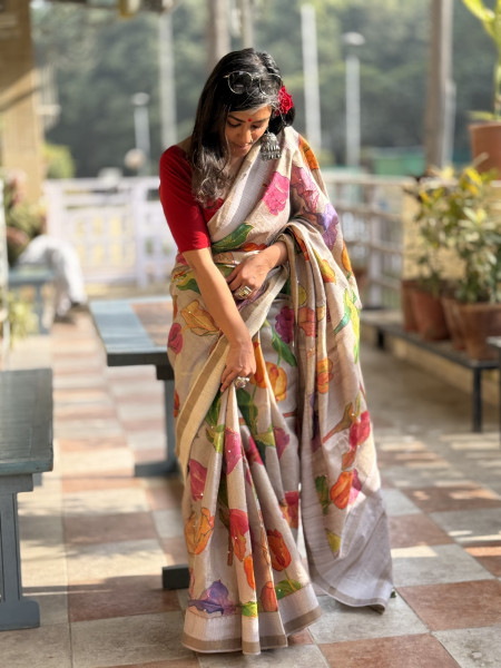 GREY PRINTED KANTHA EMBROIDERED TUSSAR SILK SARI
