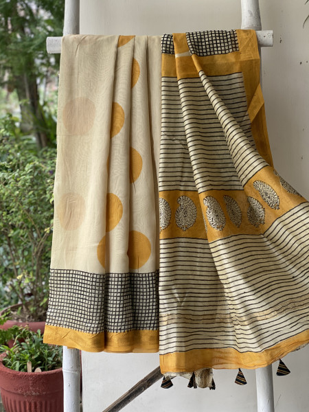 OFF WHITE HAND BLOCK PRINT CHANDERI SILK COTTON SARI