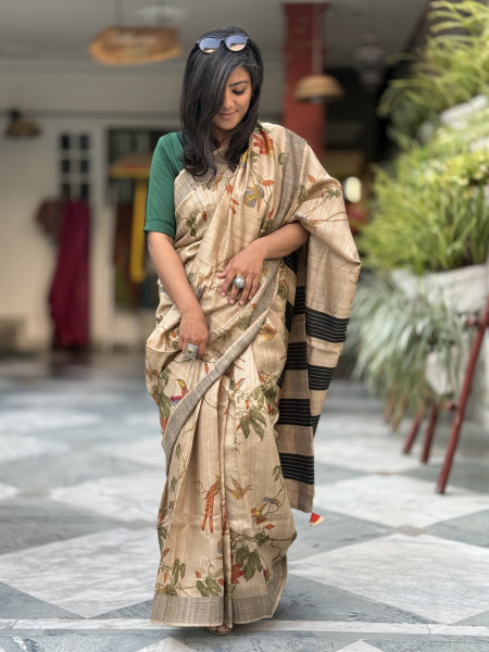 BEIGE-MULTI COLOUR PRINTED TUSSAR SILK SARI