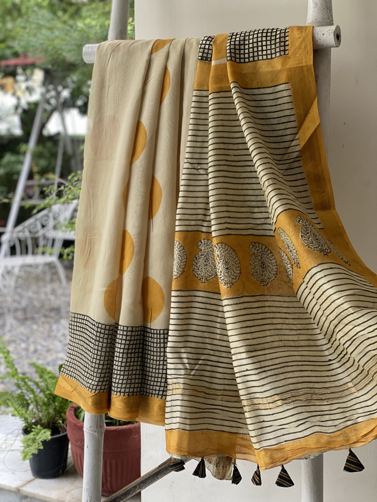 Image of OFF WHITE HAND BLOCK PRINT CHANDERI SILK COTTON SARI
