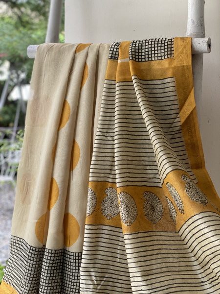 OFF WHITE HAND BLOCK PRINT CHANDERI SILK COTTON SARI