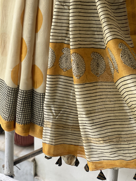 OFF WHITE HAND BLOCK PRINT CHANDERI SILK COTTON SARI