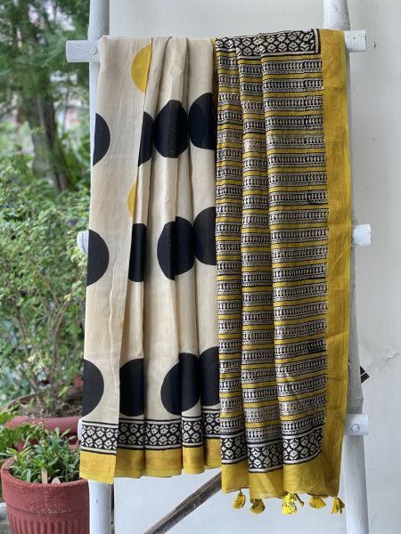OFF WHITE HAND BLOCK PRINT CHANDERI SILK COTTON SARI