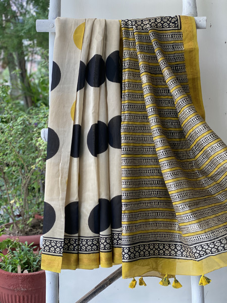 OFF WHITE HAND BLOCK PRINT CHANDERI SILK COTTON SARI