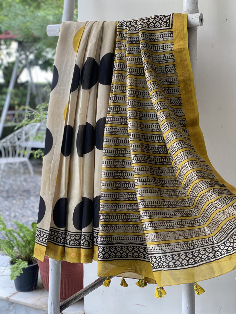 Image of OFF WHITE HAND BLOCK PRINT CHANDERI SILK COTTON SARI
