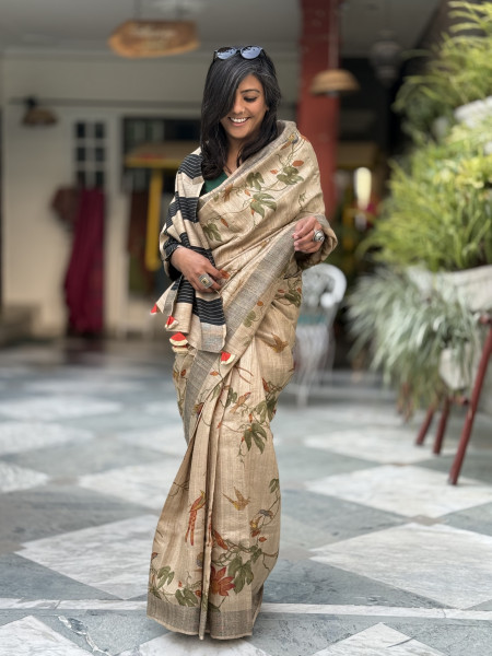 BEIGE-MULTI COLOUR PRINTED TUSSAR SILK SARI