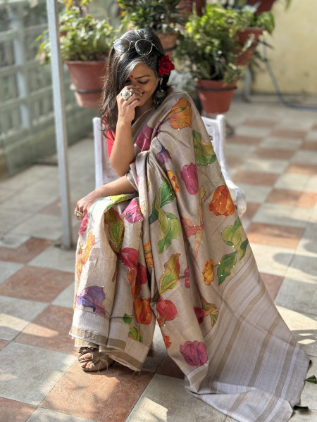GREY PRINTED KANTHA EMBROIDERED TUSSAR SILK SARI