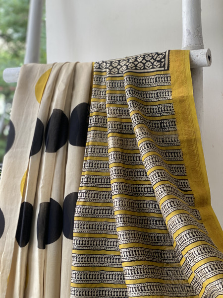 OFF WHITE HAND BLOCK PRINT CHANDERI SILK COTTON SARI