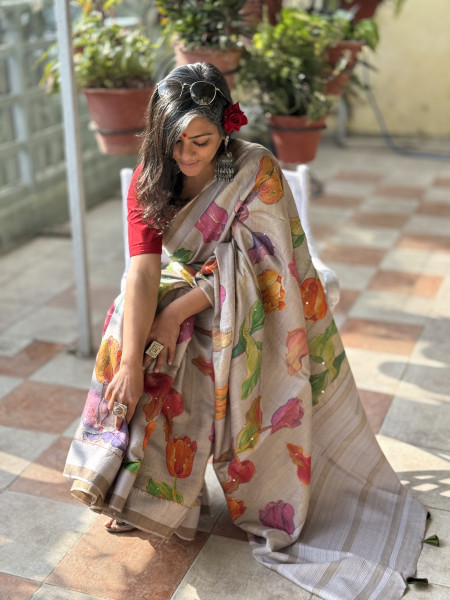 GREY PRINTED KANTHA EMBROIDERED TUSSAR SILK SARI