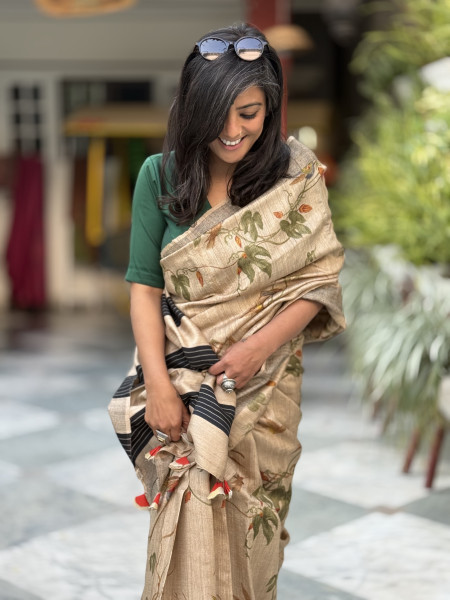 BEIGE-MULTI COLOUR PRINTED TUSSAR SILK SARI