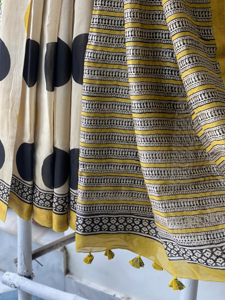 OFF WHITE HAND BLOCK PRINT CHANDERI SILK COTTON SARI