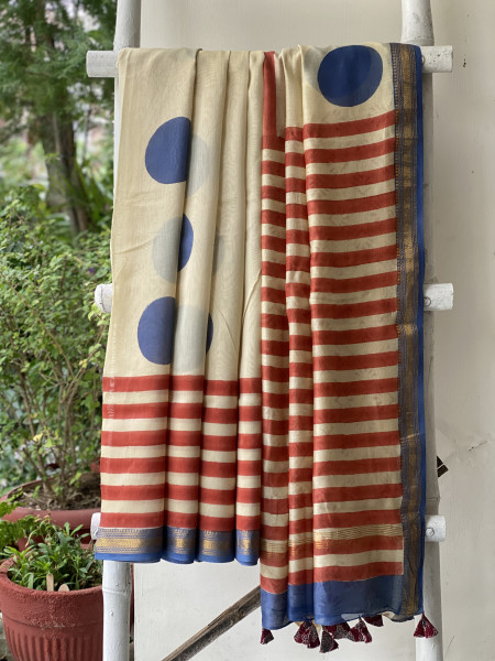 OFF WHITE HAND BLOCK PRINT CHANDERI SILK COTTON SARI