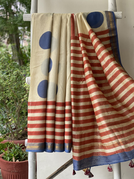 OFF WHITE HAND BLOCK PRINT CHANDERI SILK COTTON SARI