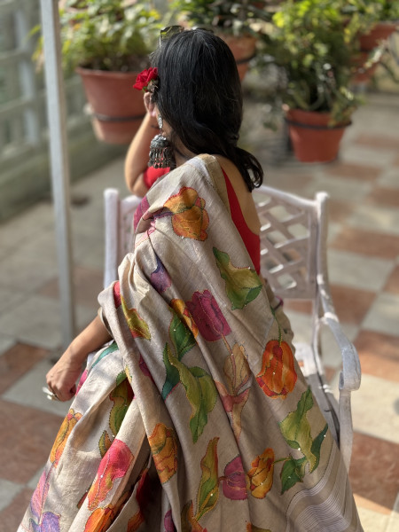 GREY PRINTED KANTHA EMBROIDERED TUSSAR SILK SARI