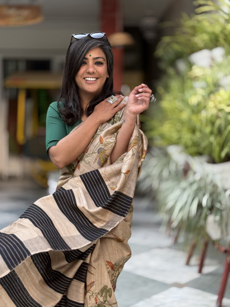 Image of BEIGE-MULTI COLOUR PRINTED TUSSAR SILK SARI