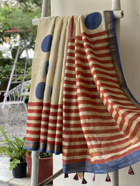 OFF WHITE HAND BLOCK PRINT CHANDERI SILK COTTON SARI