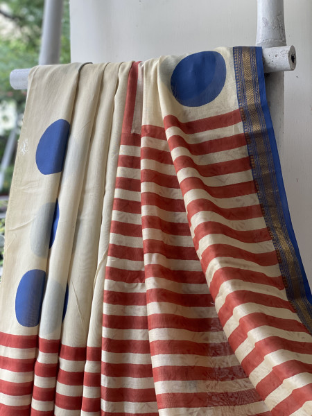 OFF WHITE HAND BLOCK PRINT CHANDERI SILK COTTON SARI