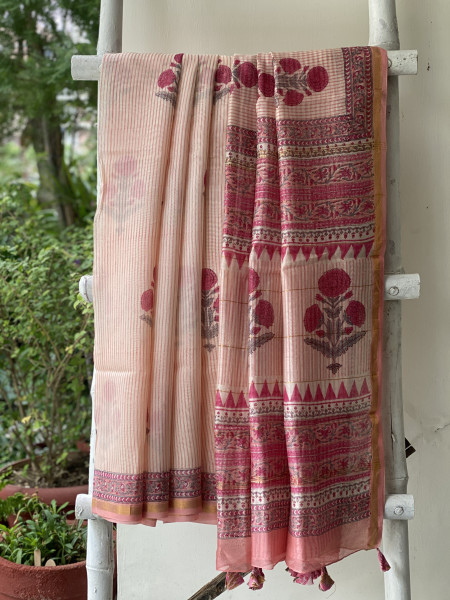 PINK-OFF WHITE HAND BLOCK PRINT CHANDERI SILK COTTON SARI