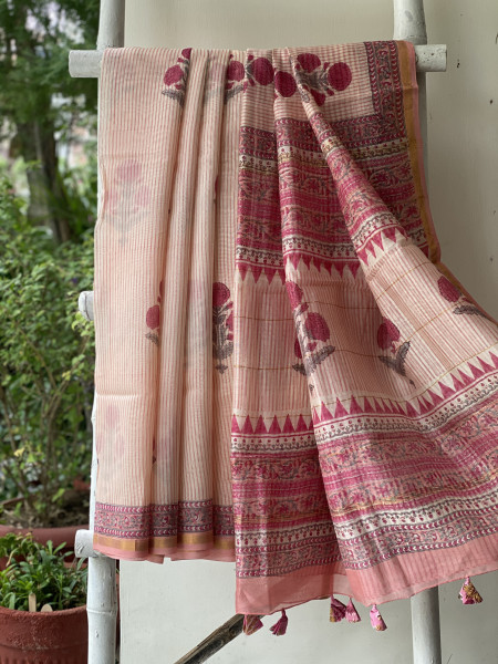 PINK-OFF WHITE HAND BLOCK PRINT CHANDERI SILK COTTON SARI