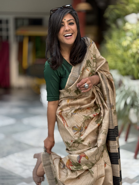 BEIGE-MULTI COLOUR PRINTED TUSSAR SILK SARI